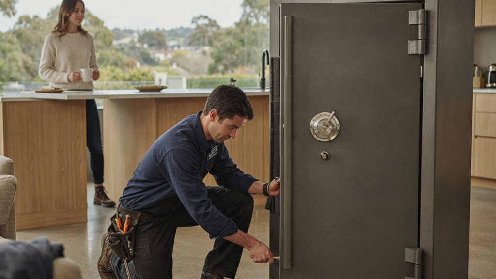 Locksmith opening a large safe during a home or business safe service.