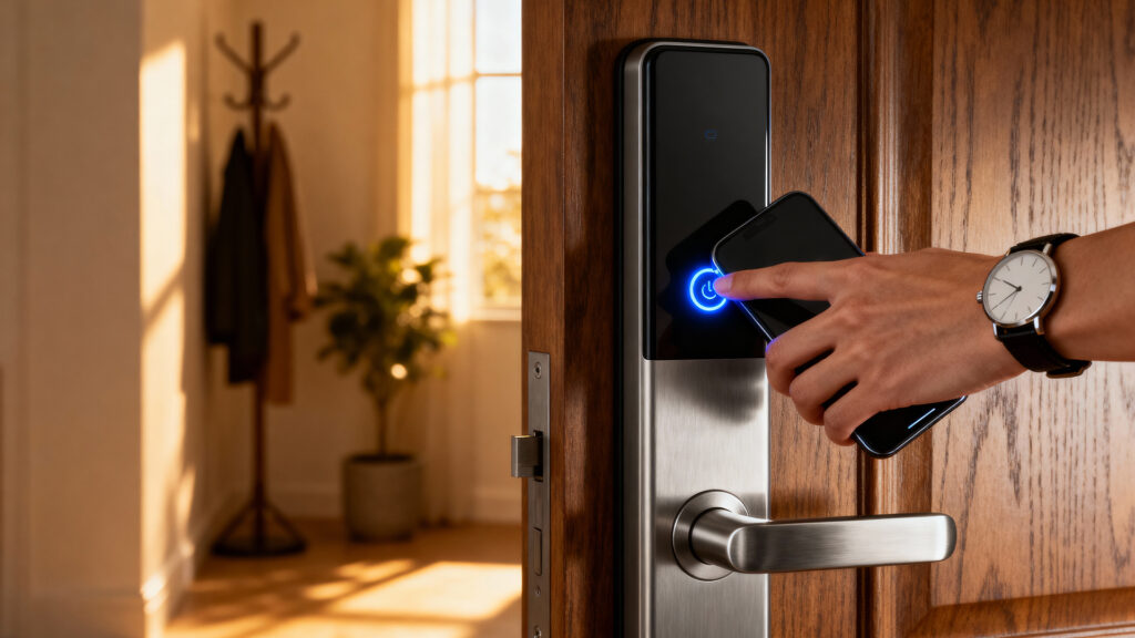 A person uses a smartphone to unlock a smart door lock with a touchless digital access system. The modern timber door features a sleek electronic lock, while warm natural light fills the entryway in the background.
