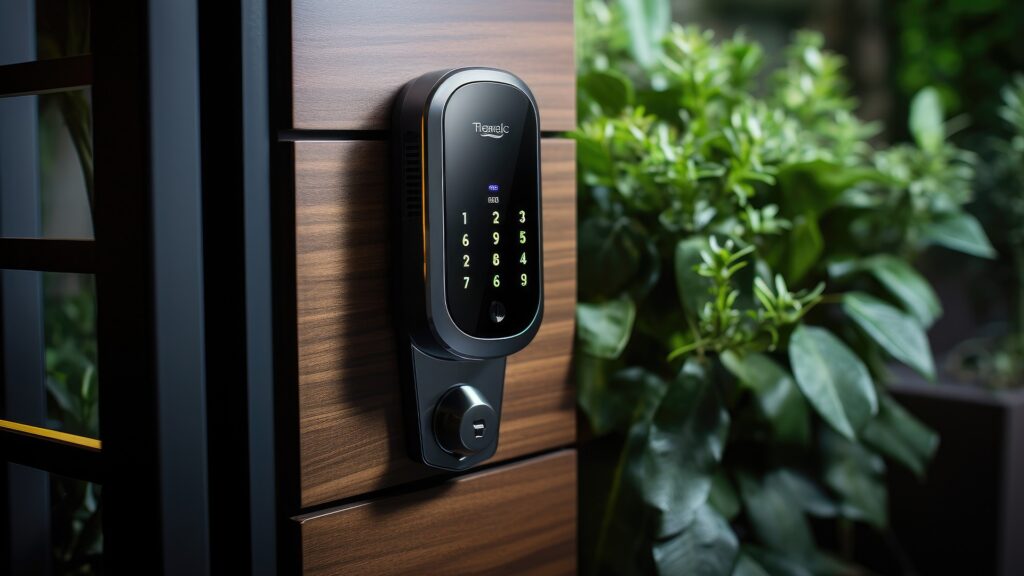 A modern digital smart lock with an illuminated keypad is installed on a timber front door. The sleek black lock offers keyless entry, with green foliage visible beside the entrance.
