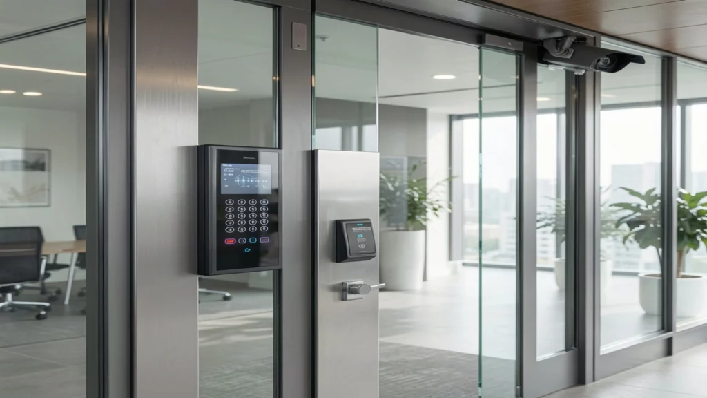 Modern commercial office entrance featuring electronic access control, smart keypad lock, CCTV camera and advanced commercial locksmith security solutions.