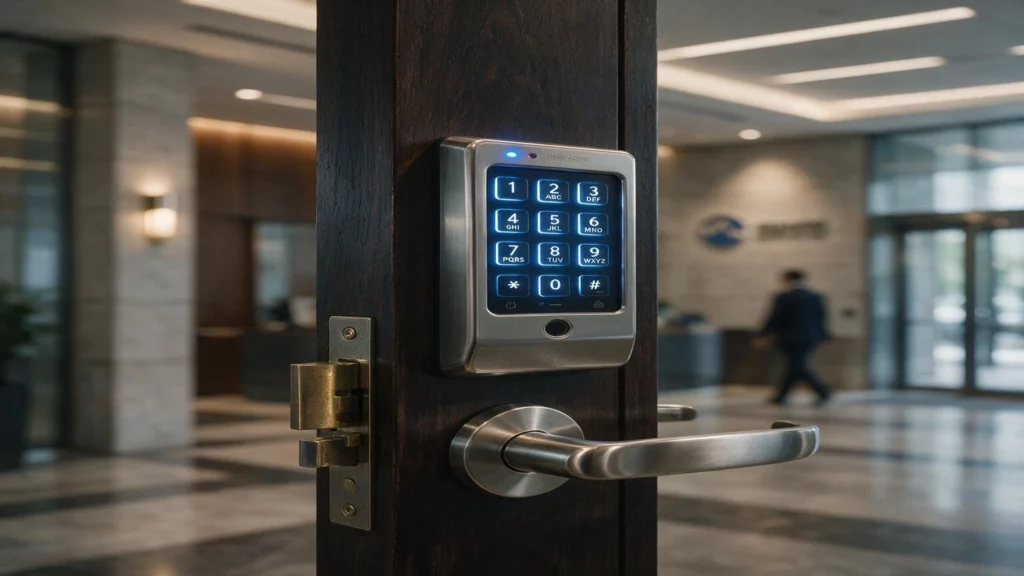 Close-up of a commercial door with a smart keypad lock, RFID access control system and high-security commercial locksmith hardware for business security.