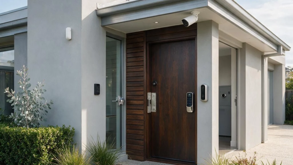 Modern Canberra home with smart door lock, CCTV camera, video doorbell and advanced residential security upgrades.