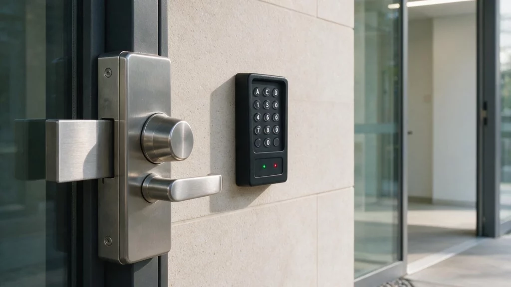 High-security commercial door lock and access control keypad installed on government building entrance in Canberra