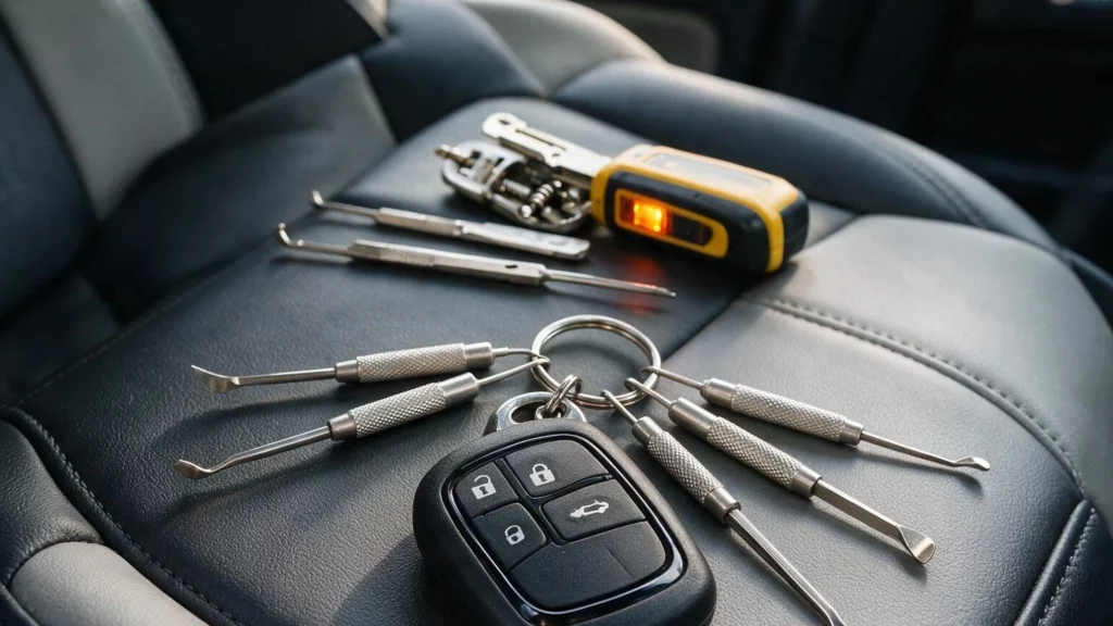 Car key and automotive locksmith tools arranged on a vehicle seat