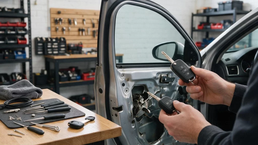 Automotive locksmith repairing a car door lock and working with car keys