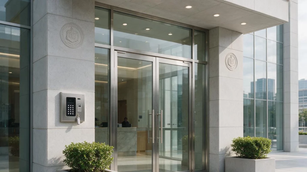 Modern government office entrance with electronic access control system and high-security deadbolt lock in Canberra