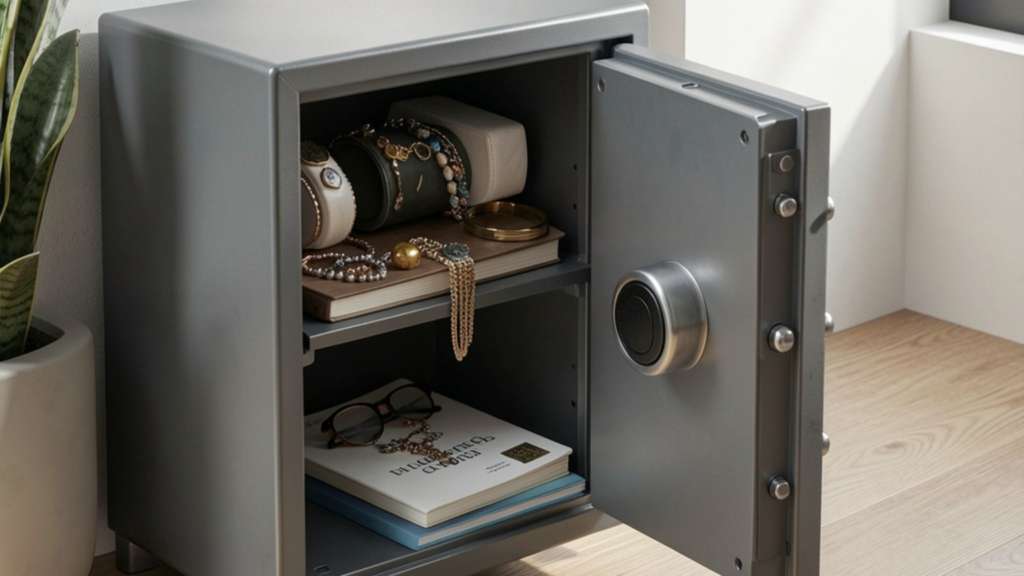 Compact safe with key holder and secure storage compartments for locksmith safe services.
